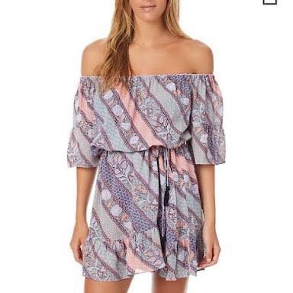 TIGERLILY Lagunas Lilac Mauve Print Off The Shoulder Mini Dress - Picture 4 of 16